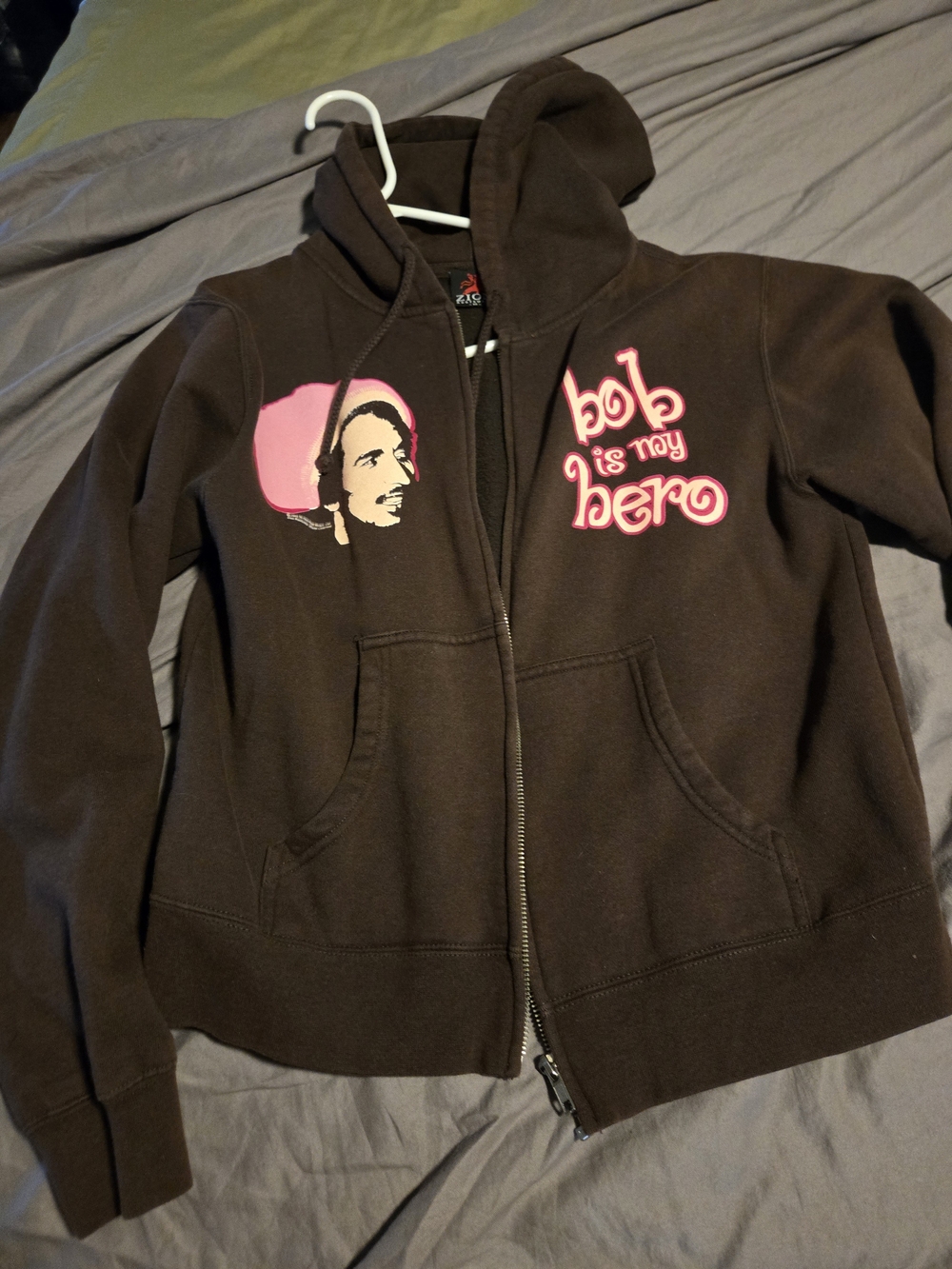 Women's Brown Zip Hoodie with Pink Graphic "Bob is my Hero"